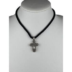 Carolyn Pollack Sterling Silver Swirl Cross Pendant Black Cord Necklace 15"+